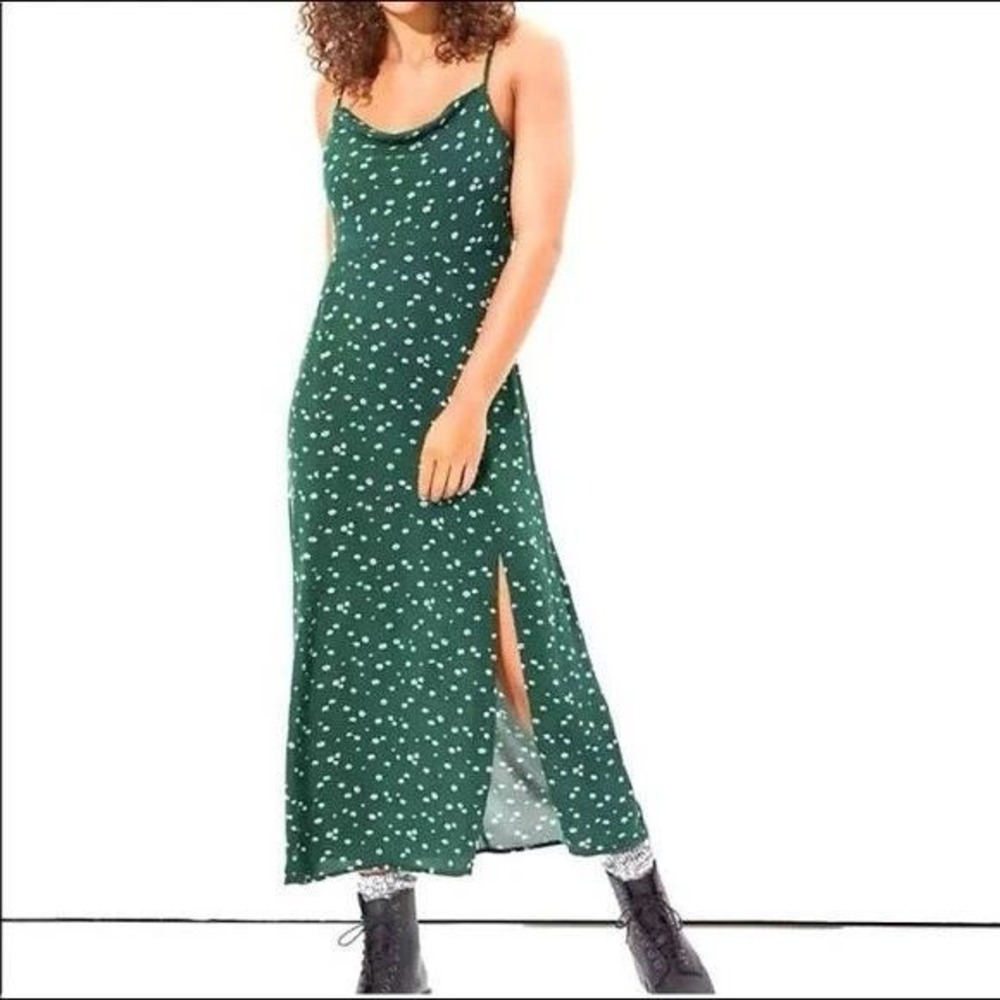 American Eagle Green Floral Cowl Neck Midi Slip Dress XS Side Slit Boho Summer